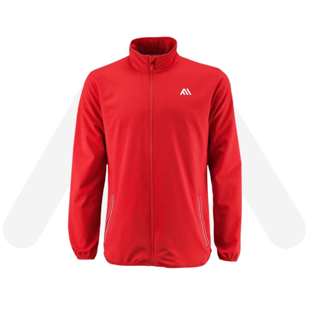 Men's solid red athletic tennis jacket with high stand collar and white logo by Maswiz Industries.