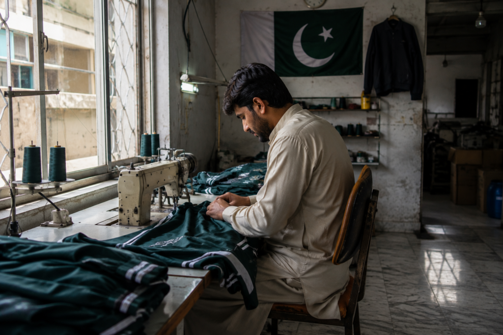 Skilled tailor stitching green athletic fabric on an industrial sewing machine at Maswiz Industries.