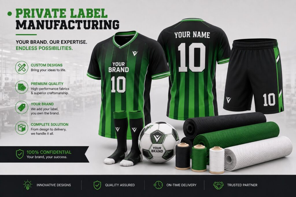 Private label soccer uniform manufacturing kit, green and black jersey, matching shorts, soccer ball, and fabric rolls by Maswiz Industries.