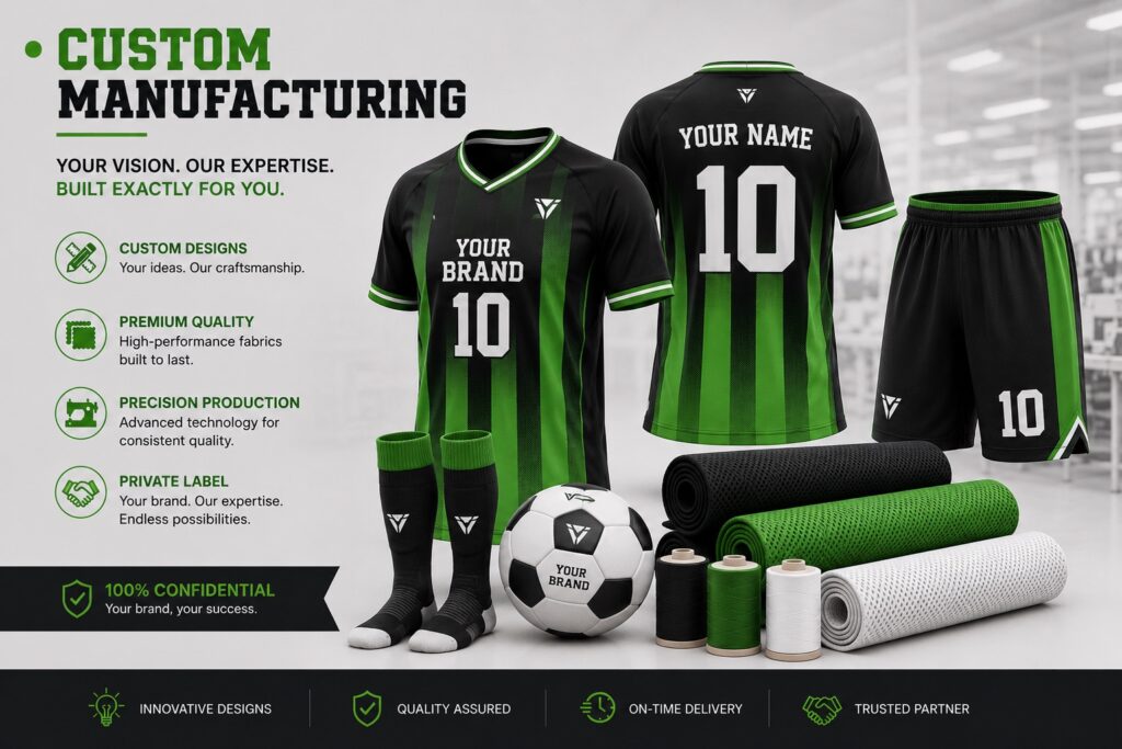Black and green custom soccer uniform kit, jersey number 10, shorts, socks, soccer ball, and fabric rolls by Maswiz Industries.