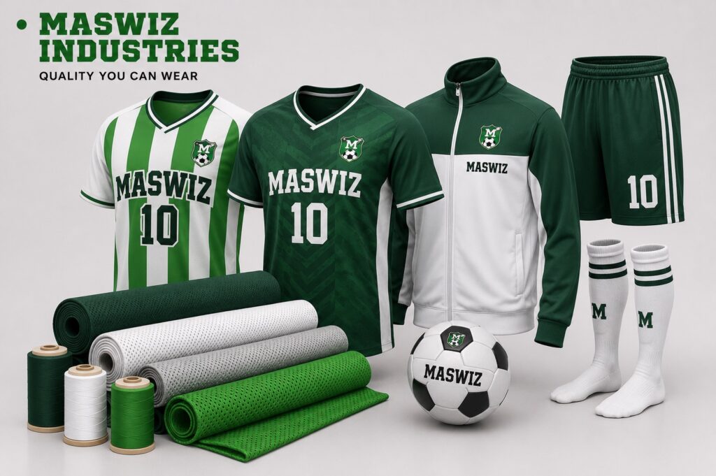 Custom green and white soccer uniforms, full-zip track jacket, matching shorts, socks, and fabric rolls by Maswiz Industries.