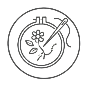 Circular embroidery icon featuring a wooden embroidery hoop, needle, thread, flower design, and fabric leaves by Maswiz Industries.