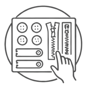 Circular icon featuring a hand selecting custom garment hardware, buttons, zippers, and snaps by Maswiz Industries.