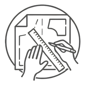 Circular icon featuring a hand drafting garment design templates using a ruler and marker by Maswiz Industries.