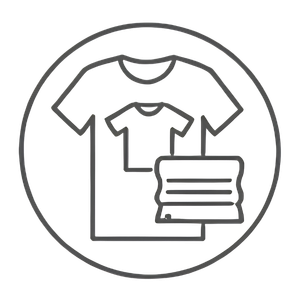 Circular icon featuring outlined t-shirts in different sizes alongside a stack of folded garments by Maswiz Industries.