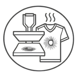 Circular icon featuring a heat press machine next to a short-sleeved t-shirt with heat steam lines by Maswiz Industries.