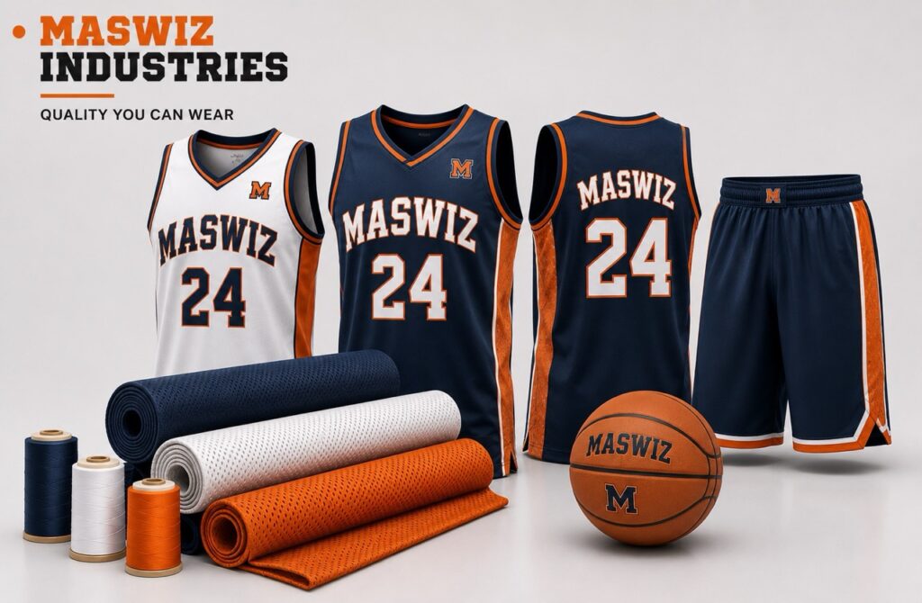 Custom basketball uniform set featuring white, dark navy blue, and orange jerseys with number 24, matching navy shorts, branded basketball, thread spools, and fabric rolls by Maswiz Industries.