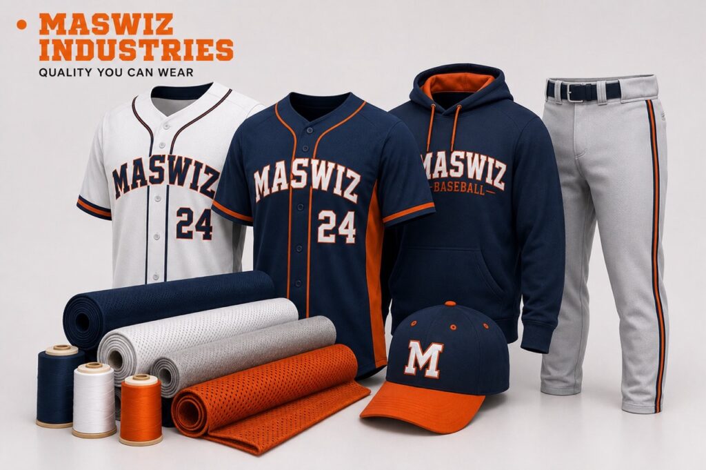 Alt Text: Custom baseball uniform set featuring white and navy button-down jerseys number 24, matching navy hoodie, baseball pants, cap, thread spools, and fabric rolls by Maswiz Industries.