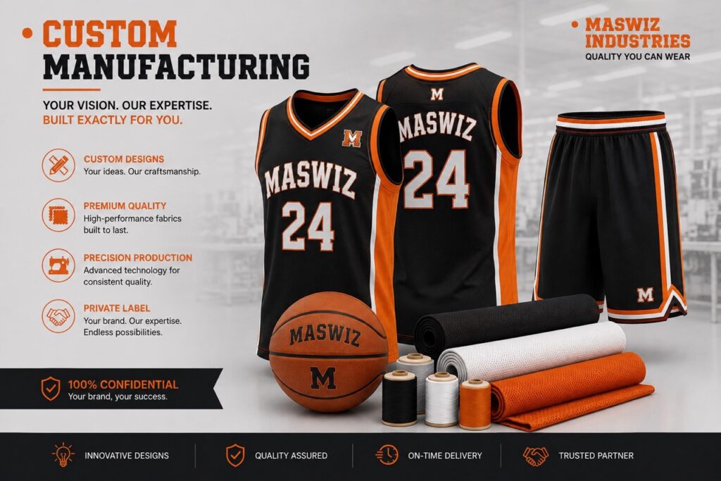 Alt Text: Private label basketball jersey and shorts set, number 24, with custom basketball and fabric rolls by Maswiz Industries.