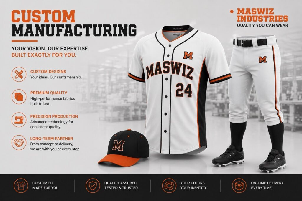 Custom baseball uniform manufacturing display featuring white and orange button-down jersey number 24, matching baseball pants, cap, and cleats by Maswiz Industries.