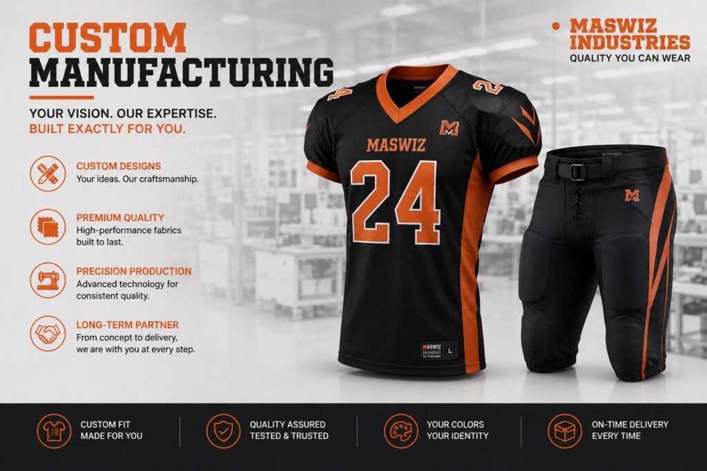 Custom American football uniform set featuring black and orange jersey number 24 with padded football pants by Maswiz Industries.