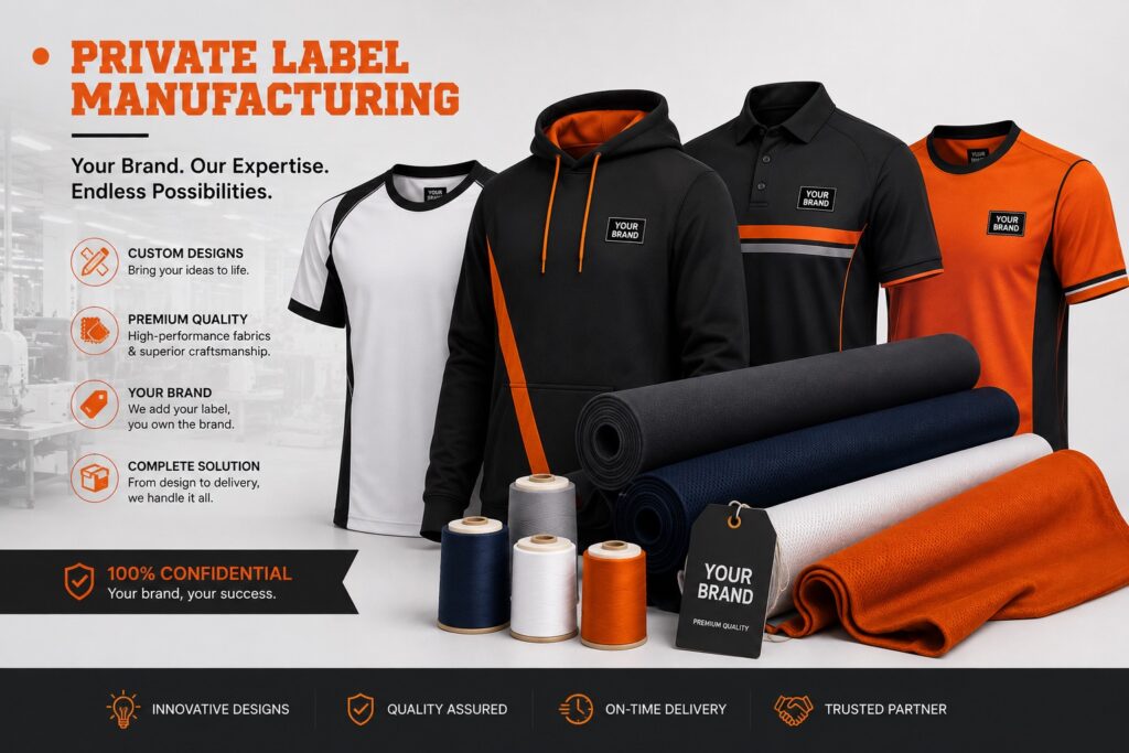 Private label apparel manufacturing display featuring custom raglan shirt, orange-accented hoodie, black polo shirt, crewneck t-shirt, thread spools, and fabric rolls by Maswiz Industries.