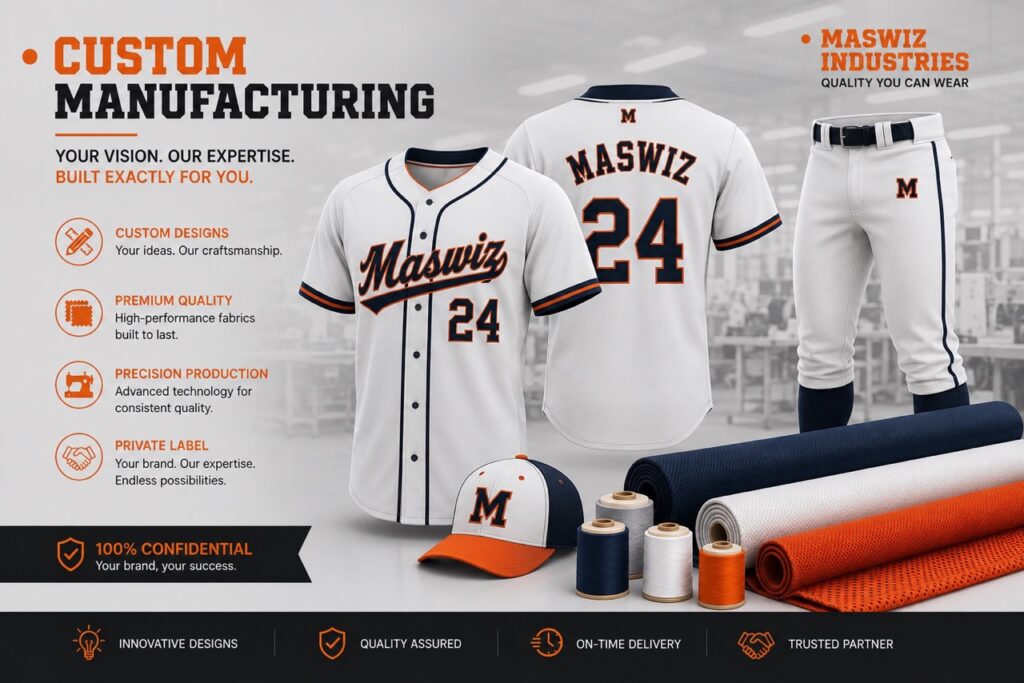 Custom baseball uniform set featuring white and navy button-down jerseys with number 24, white baseball pants with navy side piping, branded baseball cap, thread spools, and fabric rolls by Maswiz Industries.