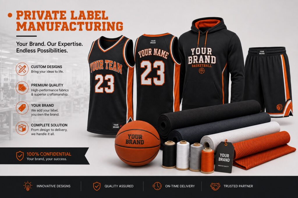 Alt Text: Private label basketball uniform manufacturing display, black and orange jersey number 23, hoodie, shorts, ball, and fabric rolls by Maswiz Industries.