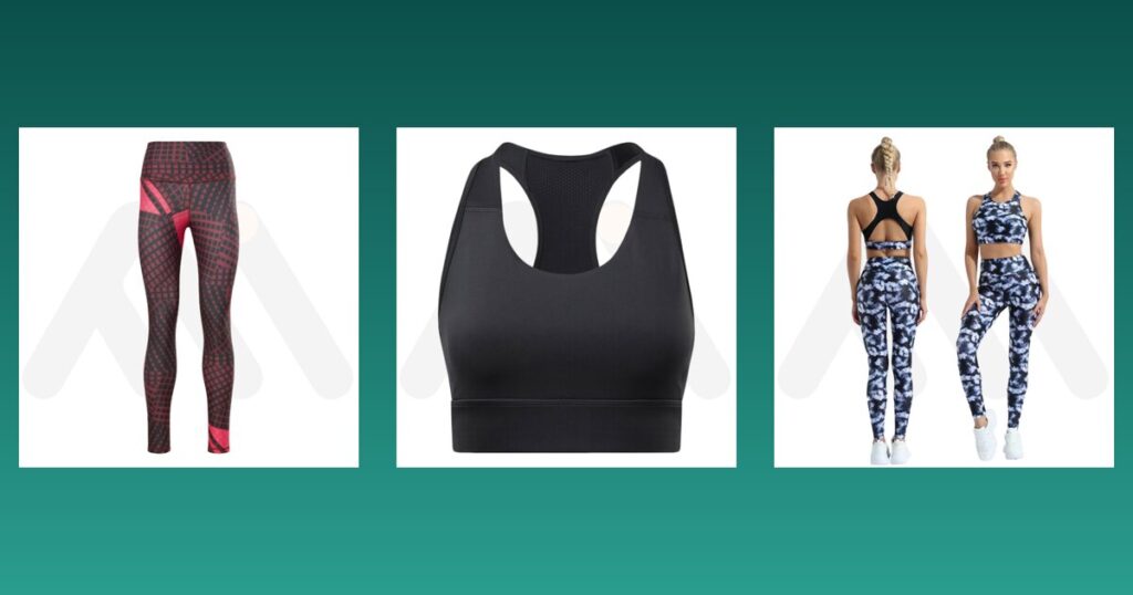 Leggings, fitness bra and yoga set samples from Maswiz Industries, custom activewear manufacturers in Sialkot