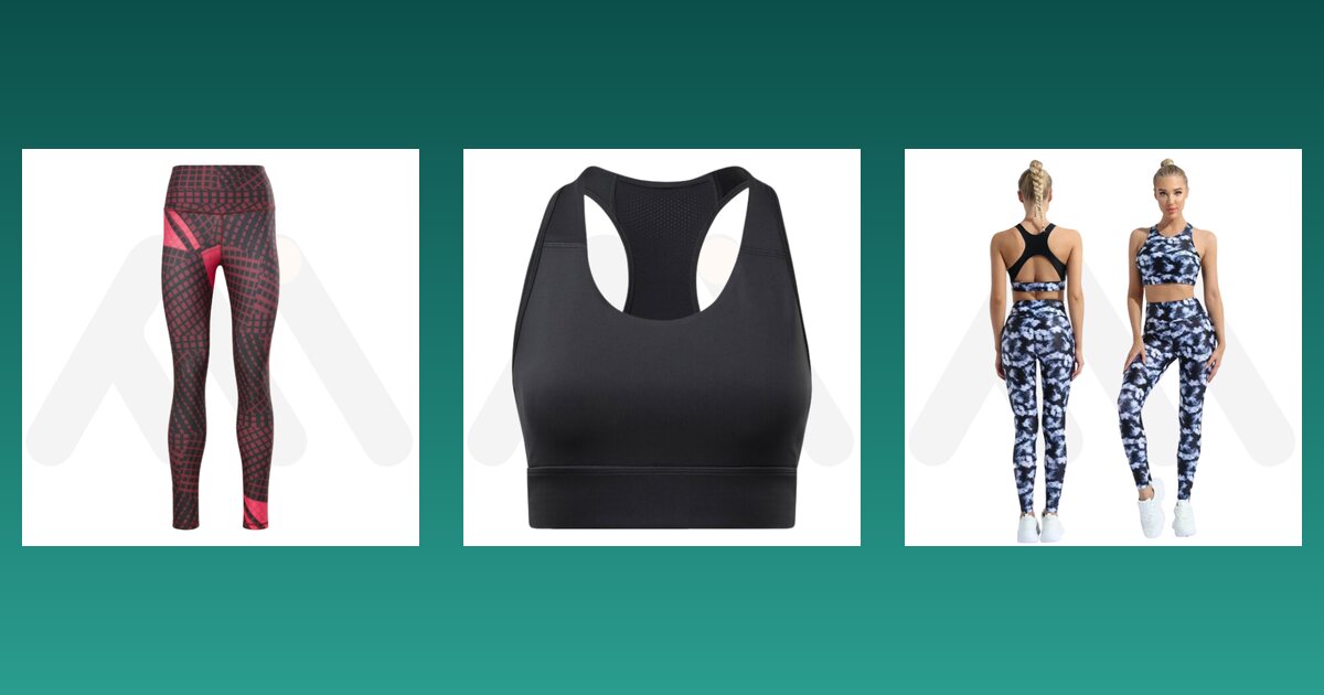 Leggings, fitness bra and yoga set samples from Maswiz Industries, custom activewear manufacturers in Sialkot
