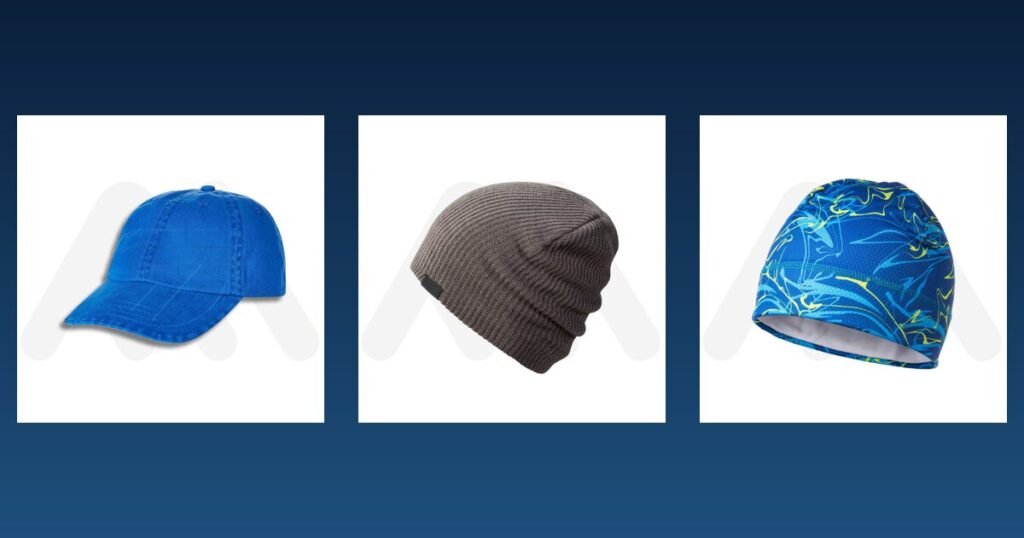 Baseball cap, beanie and swimming cap samples from Maswiz Industries, custom cap manufacturers in Sialkot