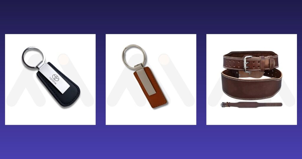 Leather key chain and gym belt samples from Maswiz Industries, custom leather keychain manufacturers in Sialkot
