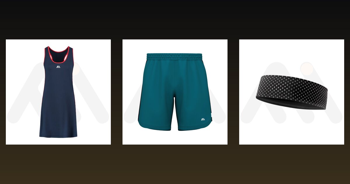 Women tennis dress, men tennis shorts and tennis head band samples from Maswiz Industries, custom pickleball apparel manufacturers in Sialkot