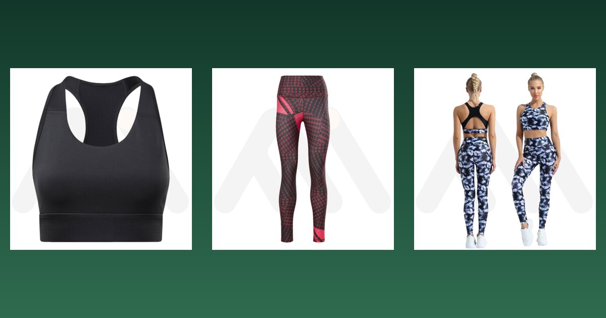 Fitness bra, leggings and yoga set samples from Maswiz Industries, custom sports bra manufacturers in Sialkot