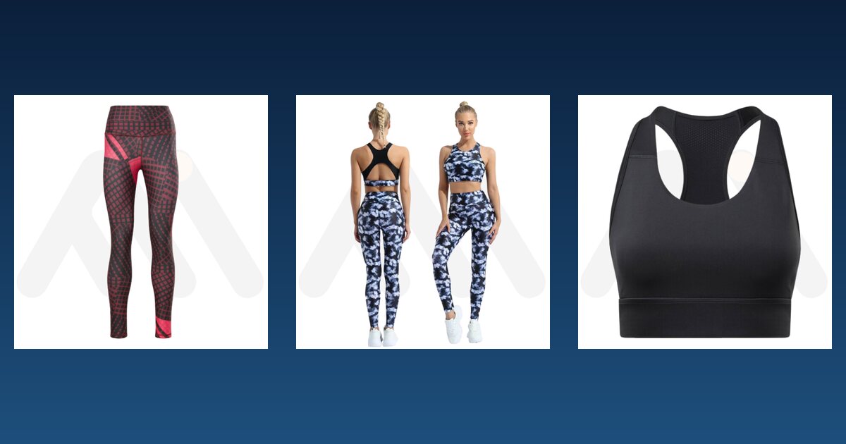 Women leggings, yoga set and fitness bra samples from Maswiz Industries, custom yoga wear manufacturers in Sialkot
