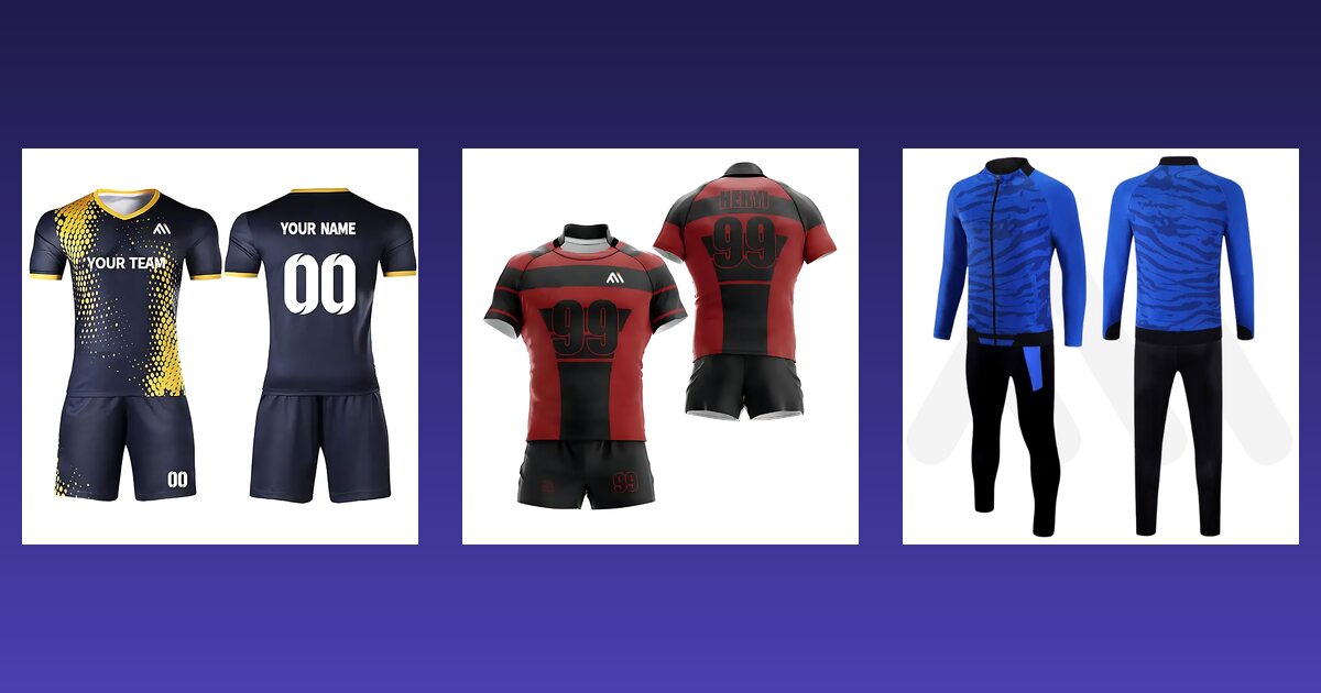 Soccer, rugby and fitness wear samples from Maswiz Industries, sportswear manufacturers in Pakistan