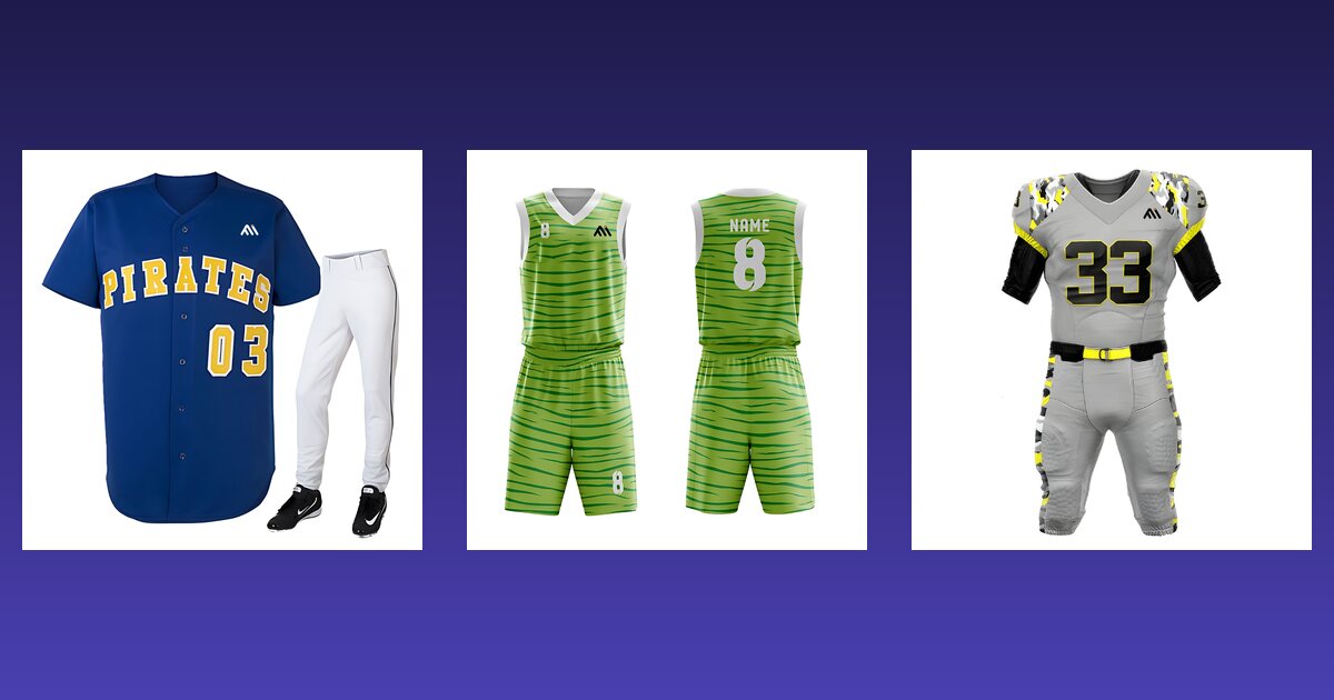 Baseball, basketball and American football uniform samples from Maswiz Industries, sportswear manufacturers in Punjab